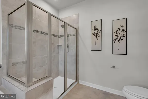 a bathroom with a shower and toilet