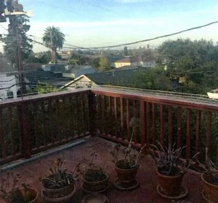 a garden view with a seating space