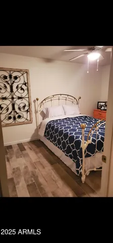 a bedroom with a bed