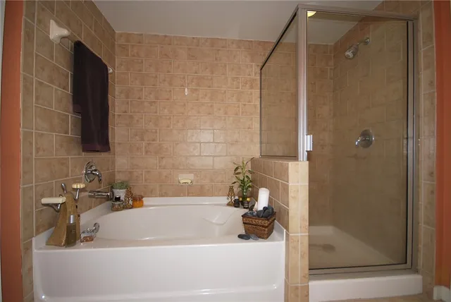 a bathroom with a tub and shower