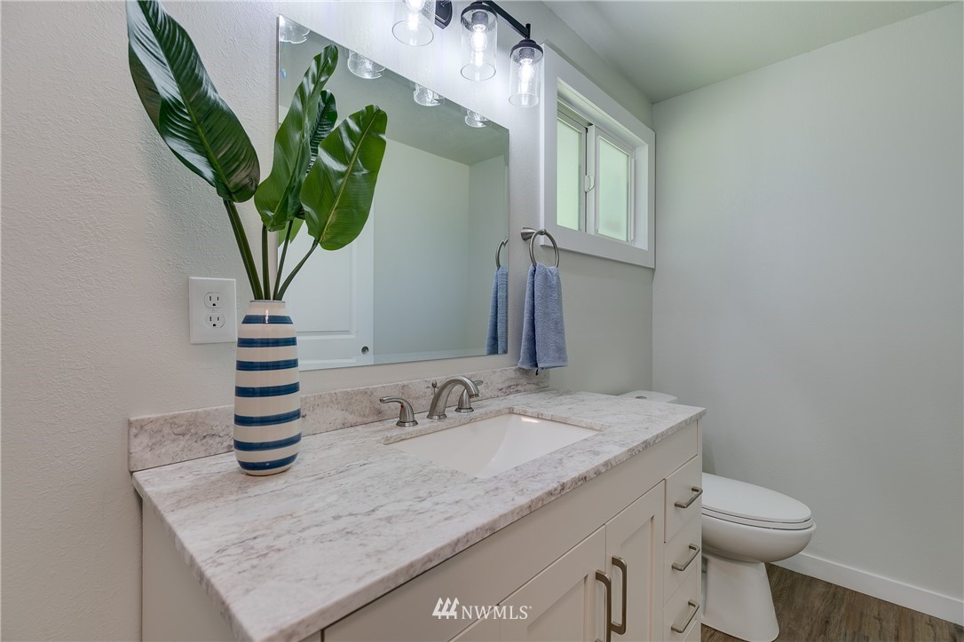 16623 Three Lakes Road Snohomish, WA 98290 - Photo 23 of 36 a bathroom with a sink a toilet and a mirror