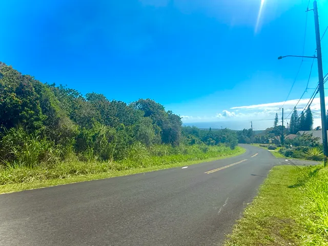 a view of a road with a big yard and large trees