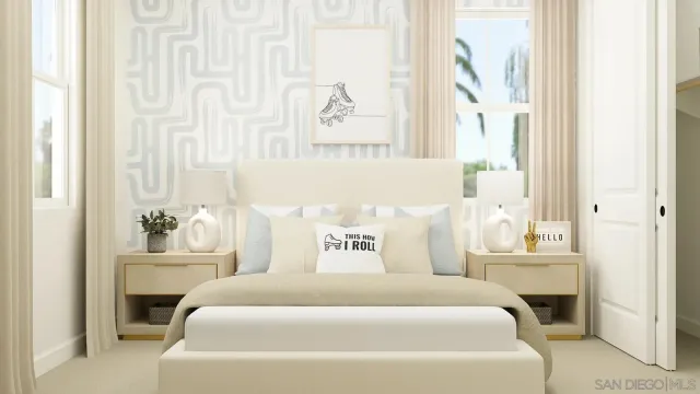 a bedroom with a bed and a table