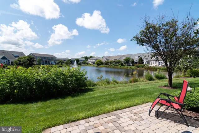 a view of a lake with a big yard and potted plants
