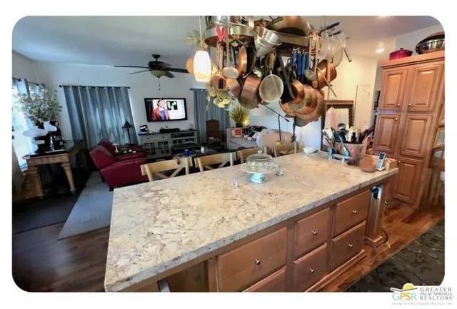 a close view of kitchen countertops with stove