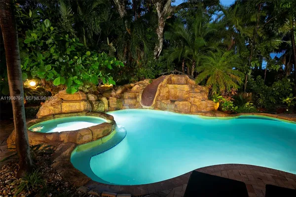 an aerial view of a backyard