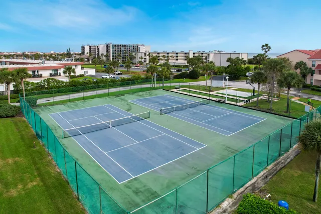 a view of a swimming pool with a yard and palm trees