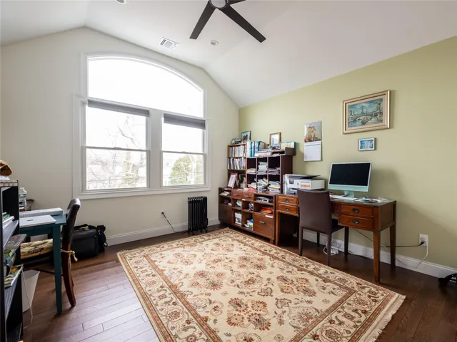 a workspace with wooden floor