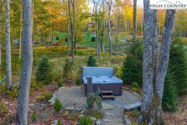 a view of a garden with a bench in the patio