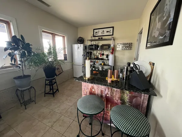 a living room with furniture and a potted plant