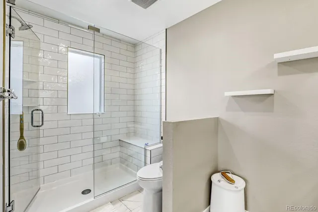 a bathroom with a shower and toilet