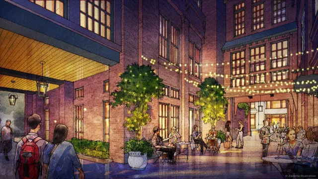 a view of a building with a lot of flowers potted plants