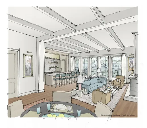 a living room with furniture and large windows