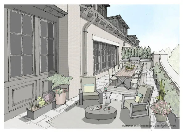a view of a patio with table and chairs