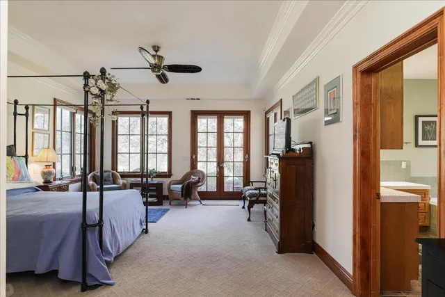 a view of a garden with a bench in a garden