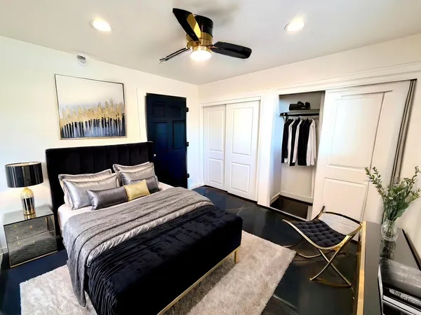 a view of a backyard with a large tree