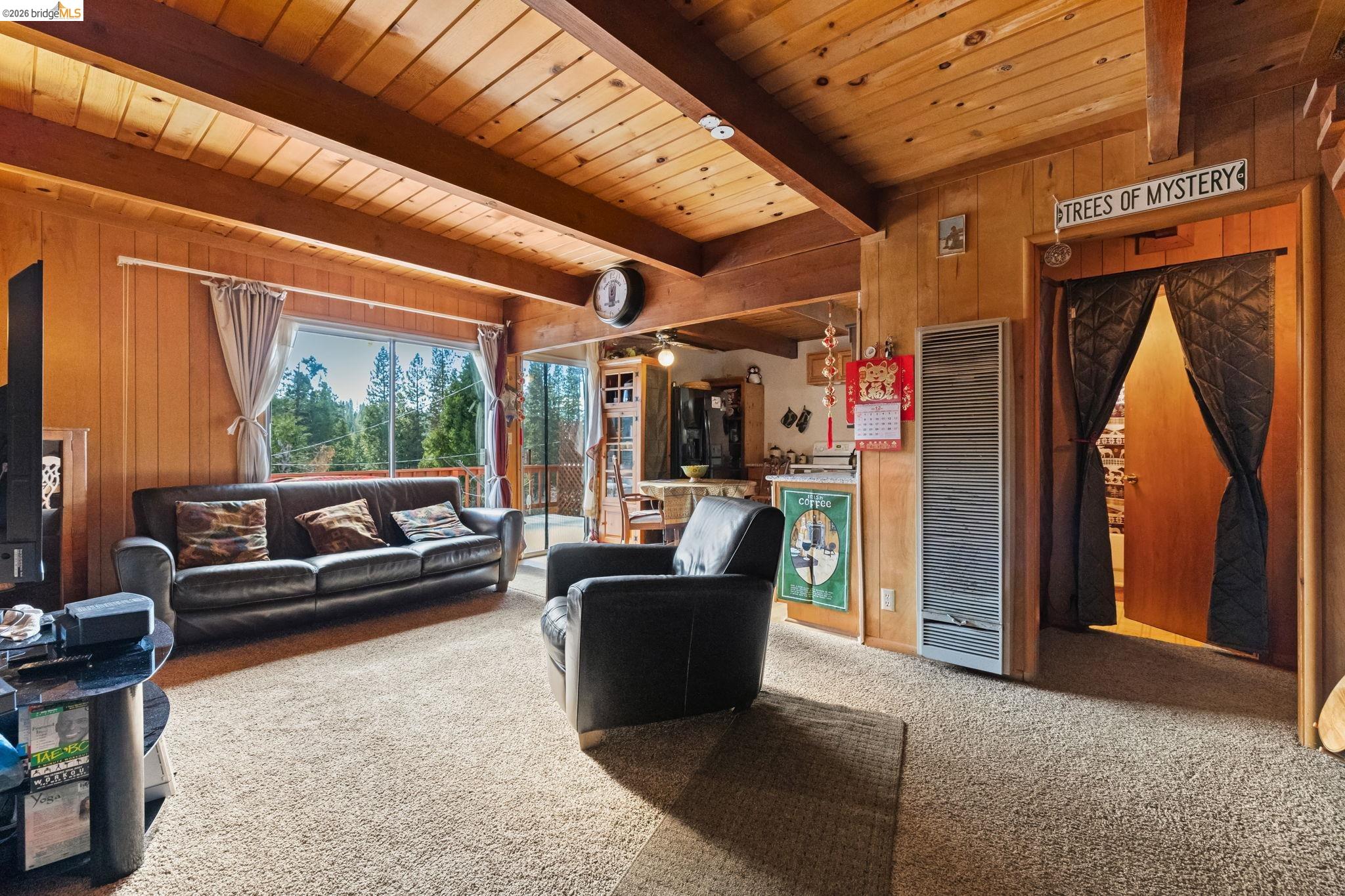 26039 Long Barn Road Long Barn, CA 95335 - Photo 2 of 27 Living room with wood walls, carpet floors, a heating unit, a wooden ceiling with exposed beams, and a ceiling fan