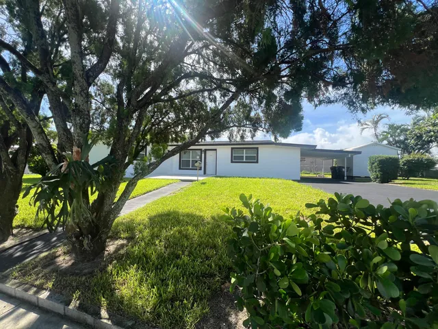 a view of a house with backyard and a tree