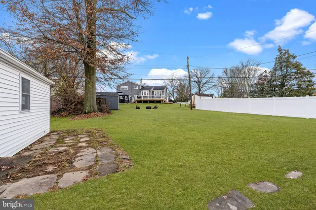 a view of a yard with a house in the background