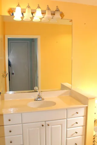 a bathroom with a sink and a mirror