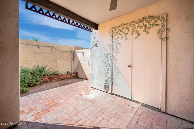 a view of a garage with stairs