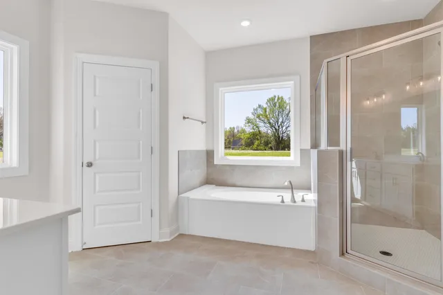 a bathroom with a bathtub and a shower