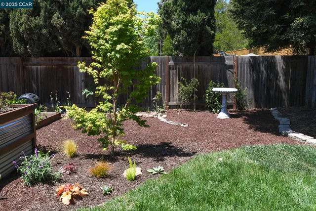 a view of a backyard with chair and a fence