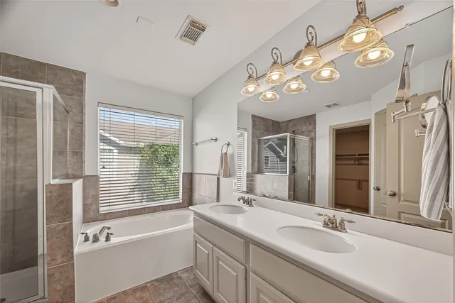 a bathroom with a tub a double vanity sink and a large mirror