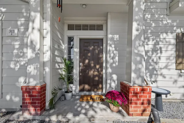 a bench is sitting in front of building