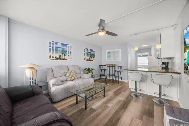 a living room with furniture a ceiling fan and a rug