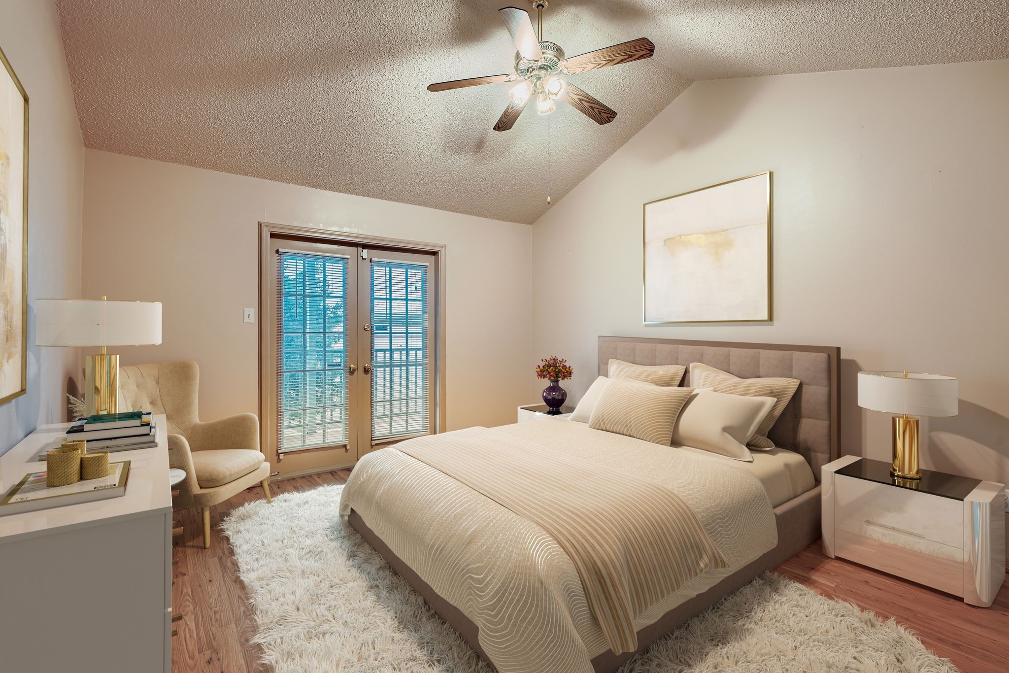 3100 Jeanetta Street, Unit 602 Houston, TX 77063 - Photo 17 of 34 a bedroom with a balcony a bed and a chandelier