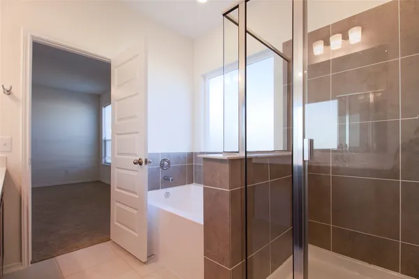 a bathroom with a bathtub and a shower