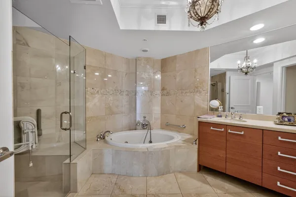 a view of an entryway with a chandelier