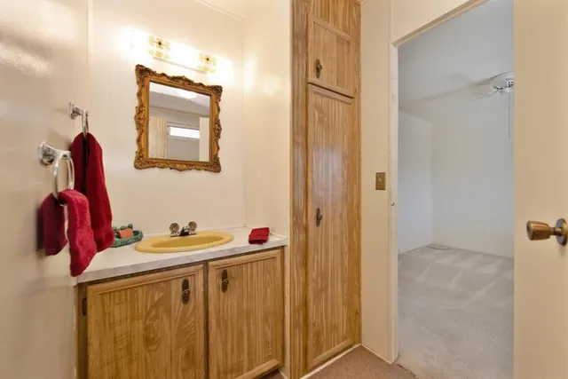 a bathroom with a sink and a mirror