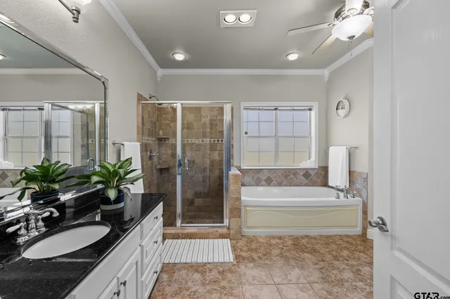 a bathroom with a tub shower vanity and a sink