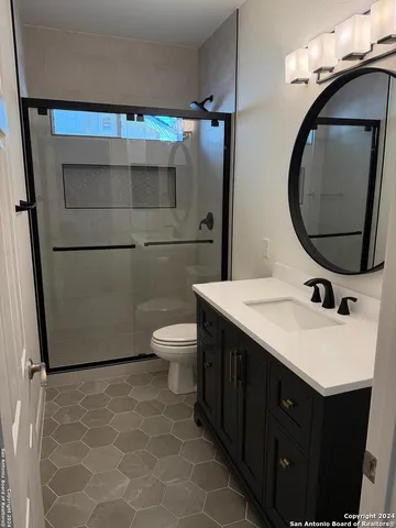 a bathroom with a sink toilet and mirror