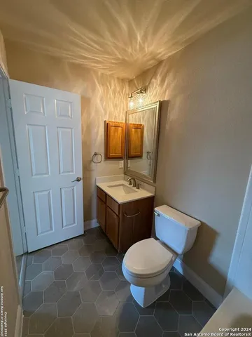 a bathroom with a sink a toilet and mirror