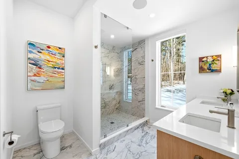 a bathroom with a sink a toilet and shower