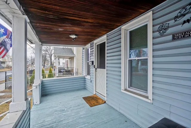 a hallway with seating space
