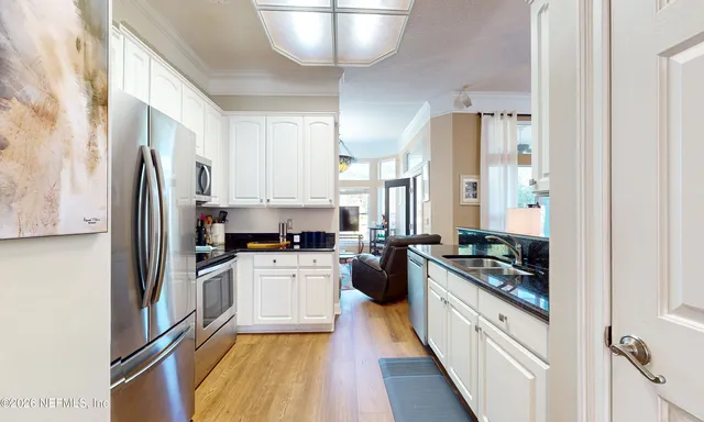 a view of a garden with plants and large trees