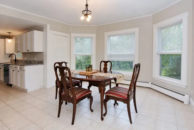 a view of a dining room with furniture window and outside view