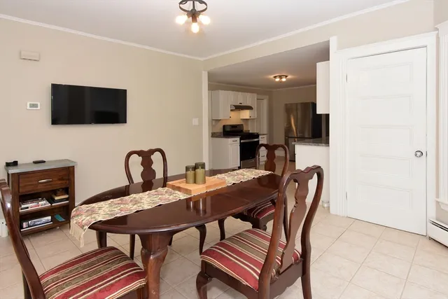 a view of a dining room with furniture