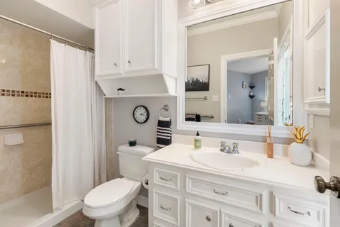 a bathroom with a sink a toilet a mirror and shower