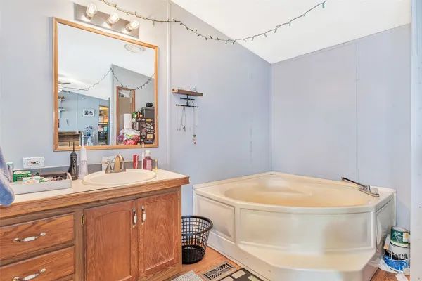 a bathroom with a sink a mirror and a bathtub
