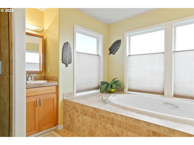 a bathroom with a tub sink and mirror