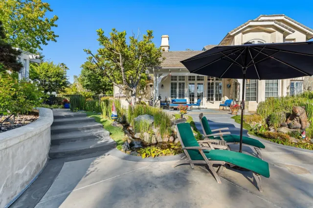 an outdoor space with seating