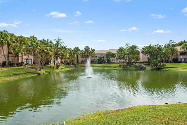 a view of a lake with a yard