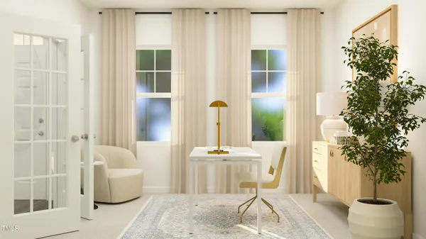 a dining room with furniture and a potted plant