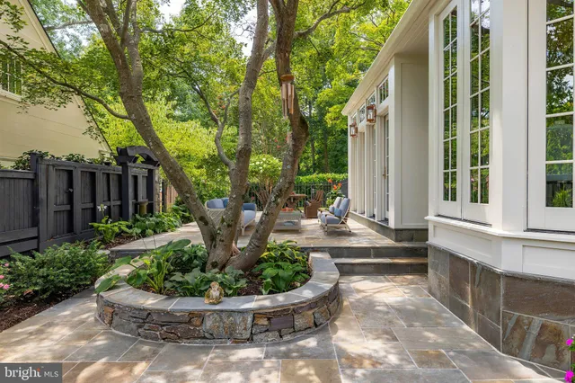 a view of a house with a yard and potted plants