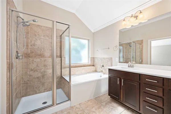 a bathroom with a tub sink shower and mirror